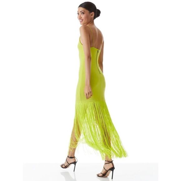 Alice + Olivia STEPH SCOOP NECK FRINGE DRESS in citron size 8 NWT - Picture 2 of 11